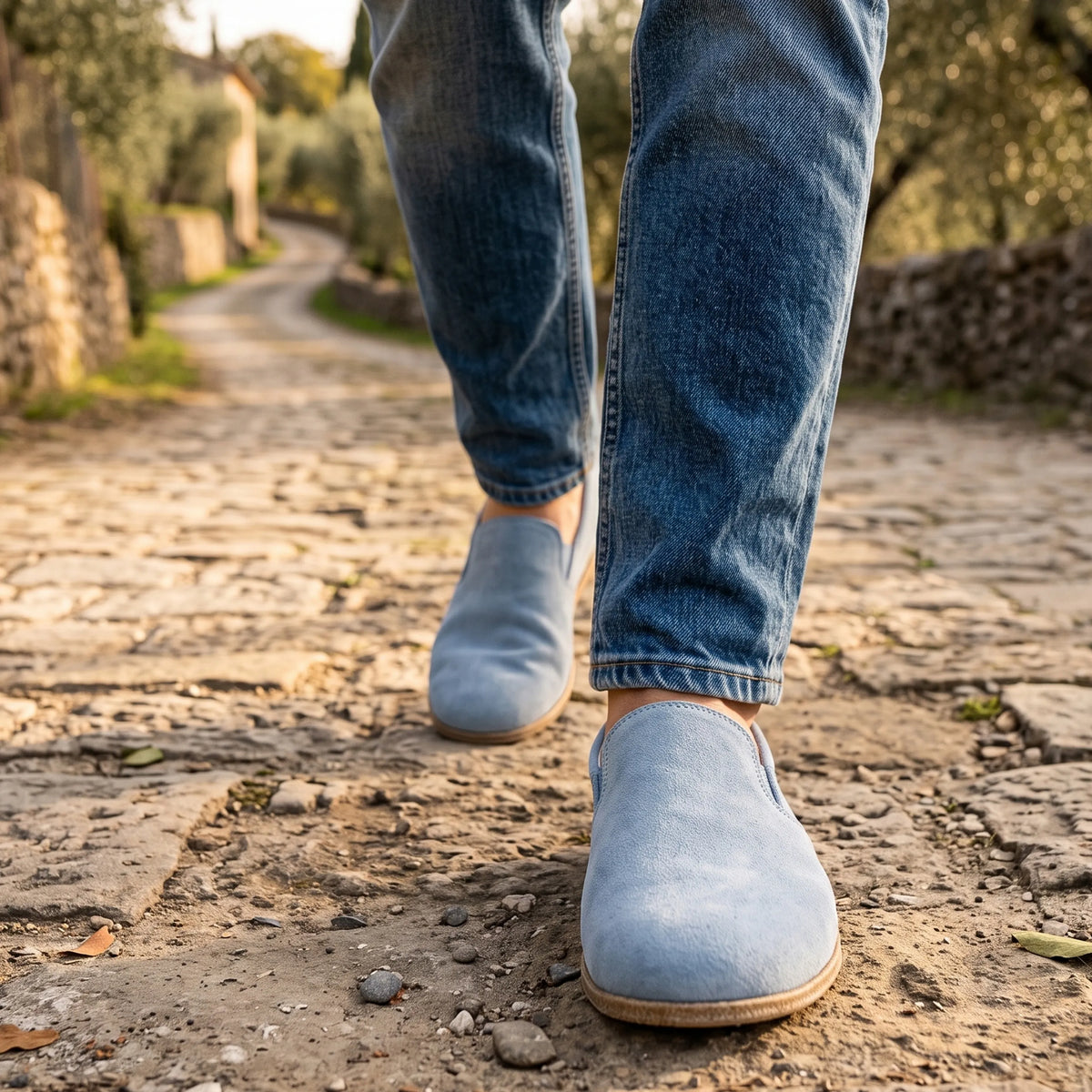 Suede Barefoot Slip-On Shoes – Classic Sole — Leather Sole – Sea Blue