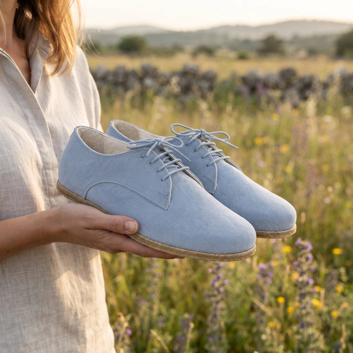 Suede Barefoot Oxford Shoes – Classic Sole — Leather Sole – Baby Blue