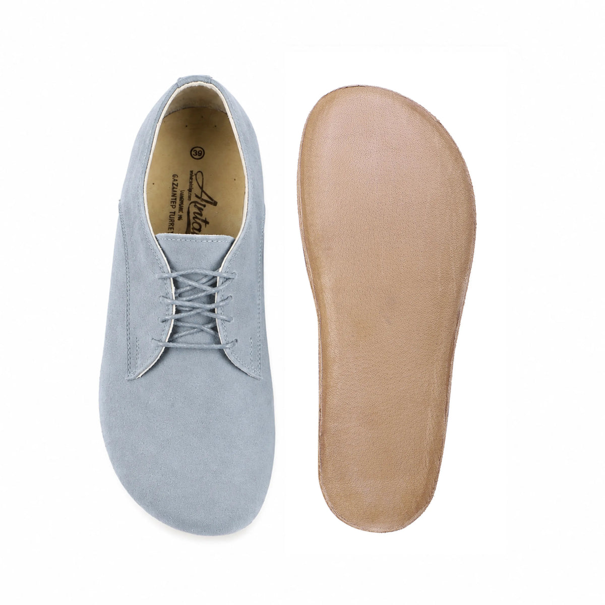 Suede Barefoot Oxford Shoes – Classic Sole — Leather Sole – Baby Blue