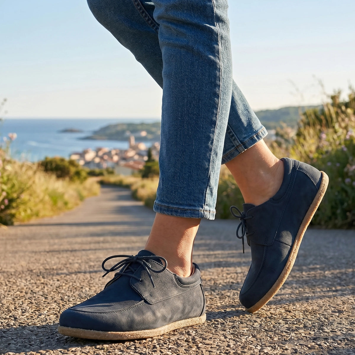 Nubuck Barefoot Laces Penny Loafer Shoes – Classic Sole — Leather Sole – Jeans