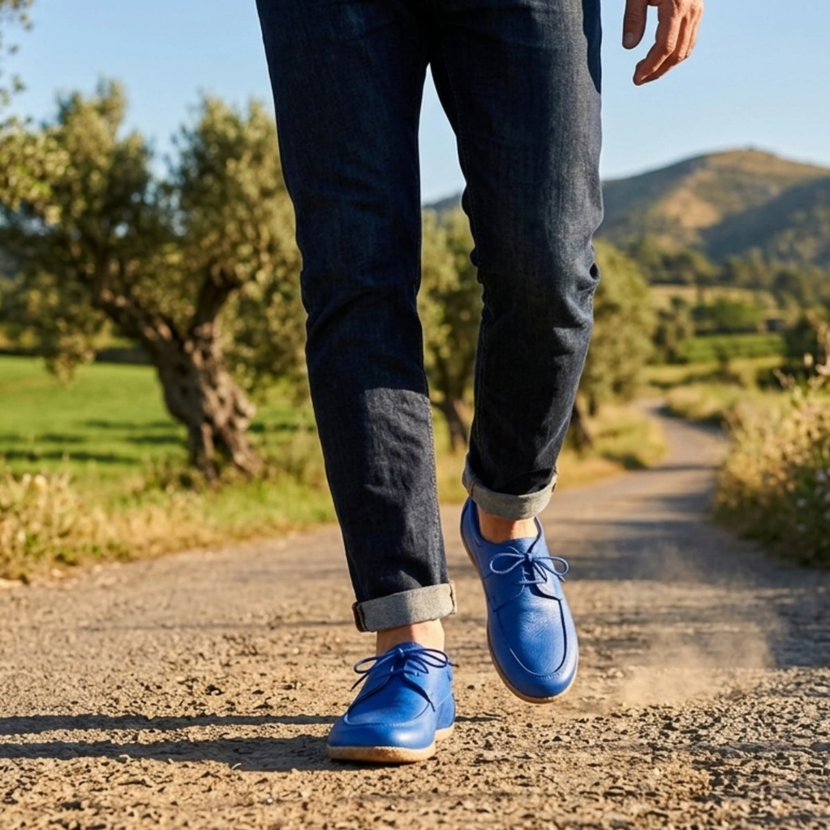 Smooth Barefoot Laces Penny Loafer Shoes – Classic Sole — Leather Sole – Bright Blue