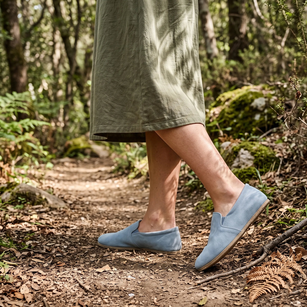 Suede Barefoot Slip-On Shoes – Classic Sole — Leather Sole – Sea Blue