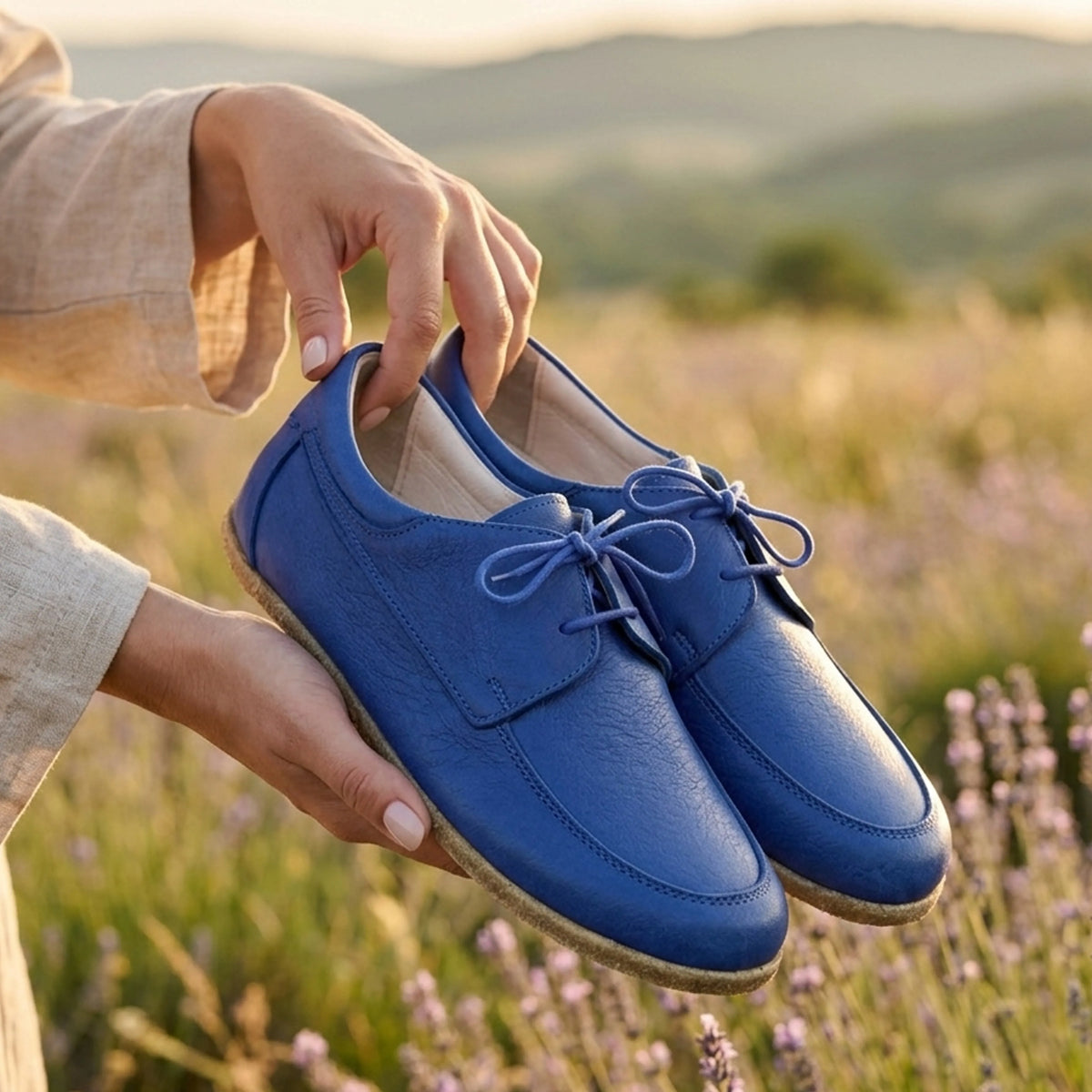 Smooth Barefoot Laces Penny Loafer Shoes – Classic Sole — Leather Sole – Bright Blue