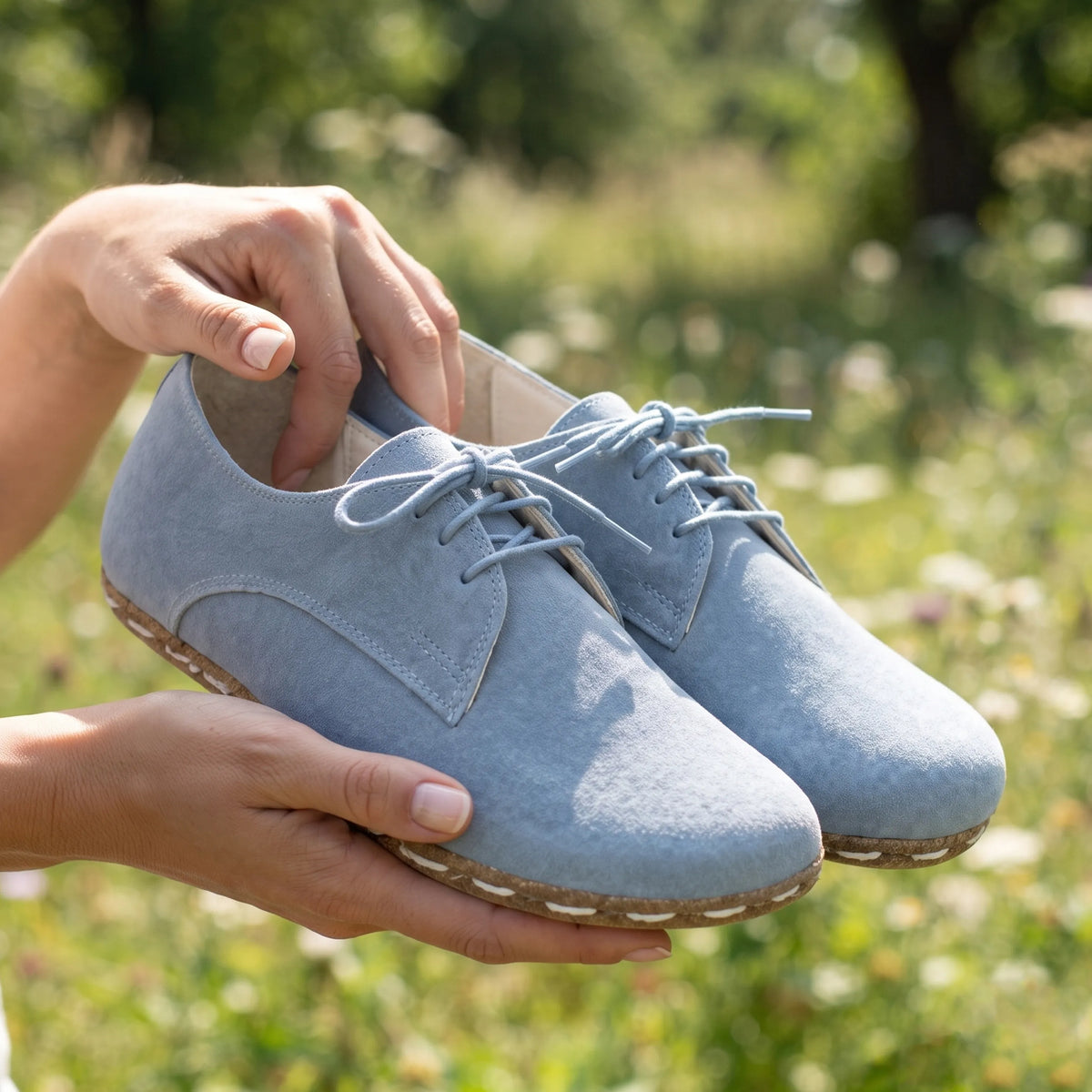 Suede Barefoot Oxford Shoes — Leather Sole – Baby Blue