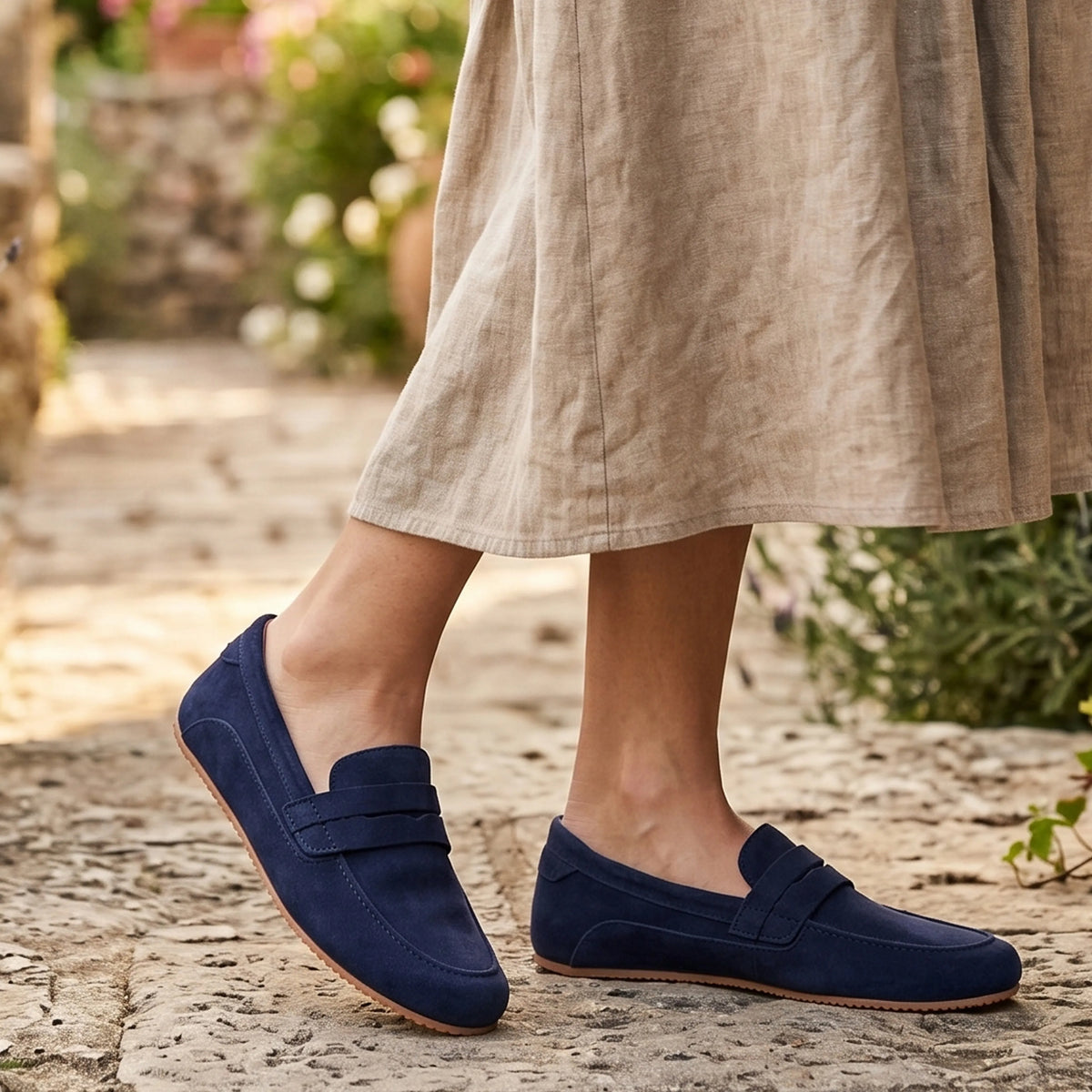 Suede Barefoot Penny Loafer Shoes – Rubber Sole – Navy Blue