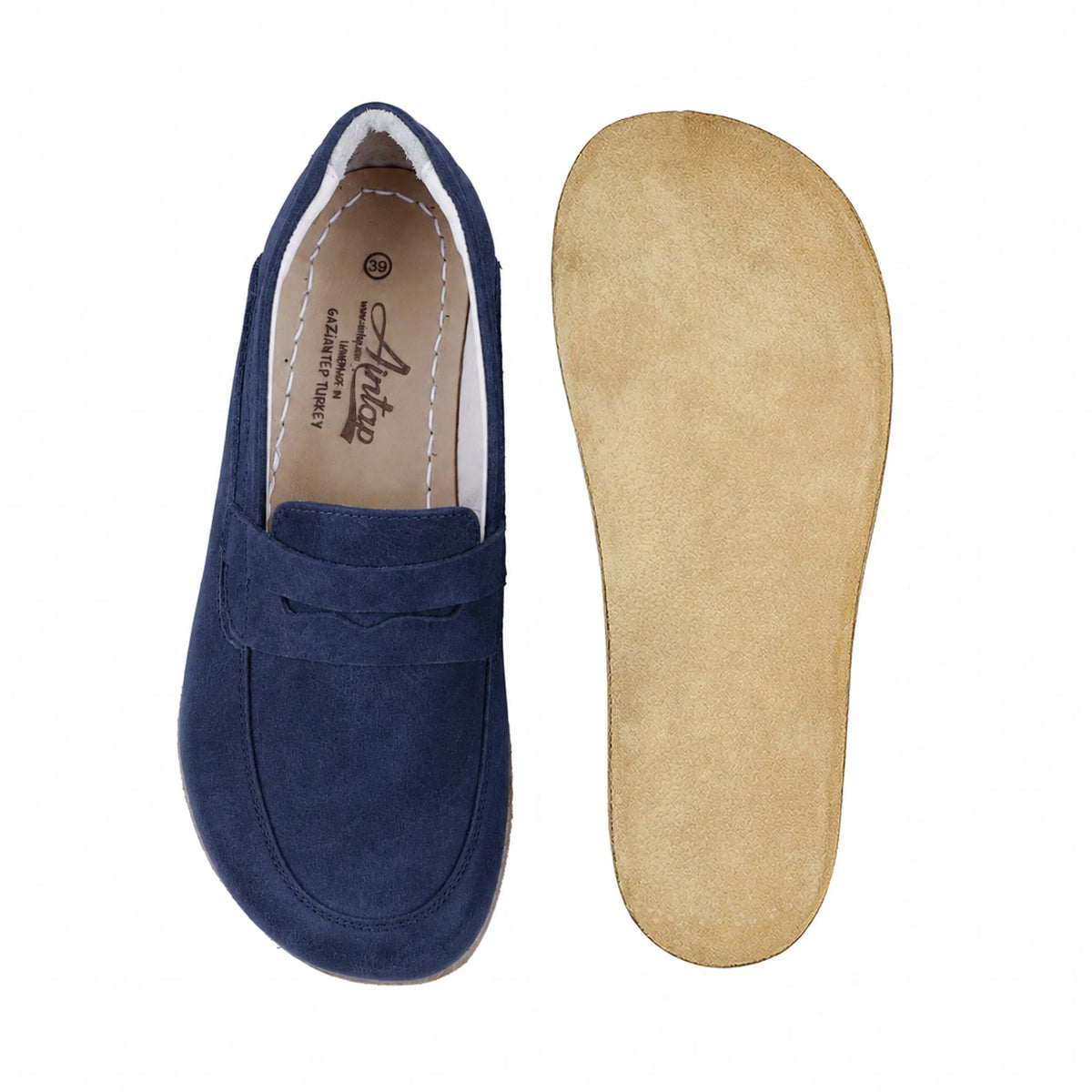 Suede Barefoot Penny Loafer Shoes – Classic Sole — Leather Sole – Navy Blue