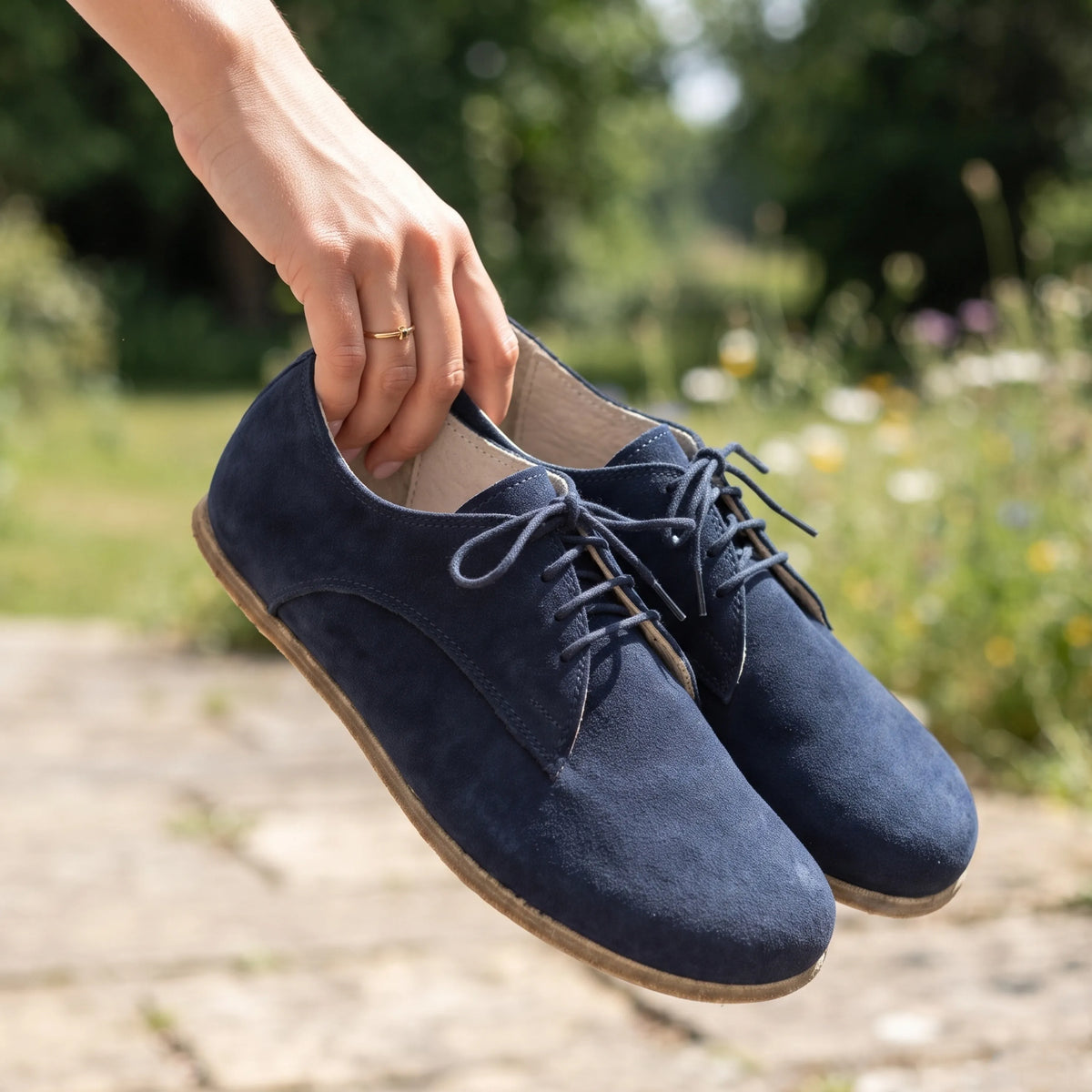 Suede Barefoot Oxford Shoes – Classic Sole — Leather Sole – Navy Blue