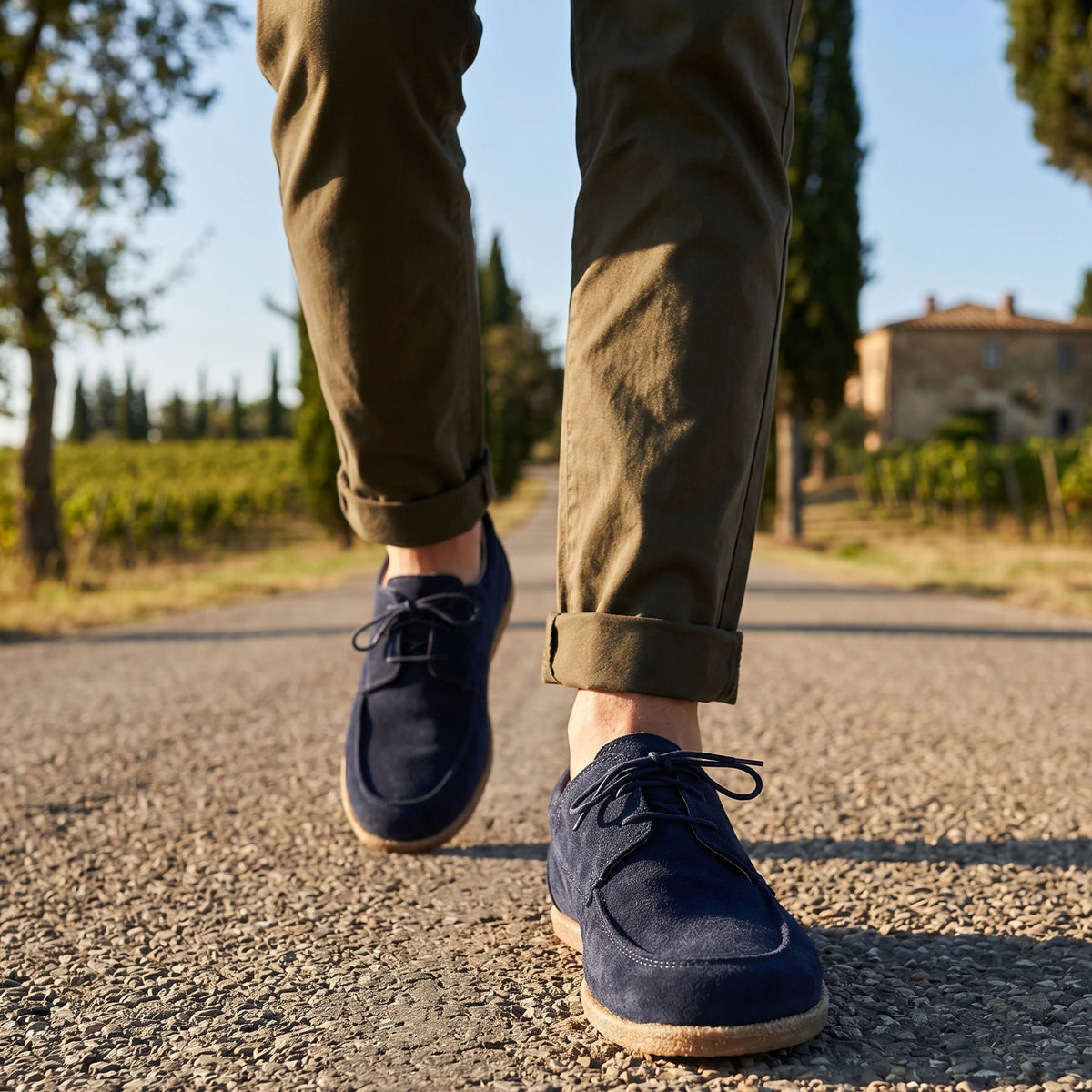 Suede Barefoot Laces Penny Loafer Shoes – Classic Sole — Leather Sole – Navy Blue