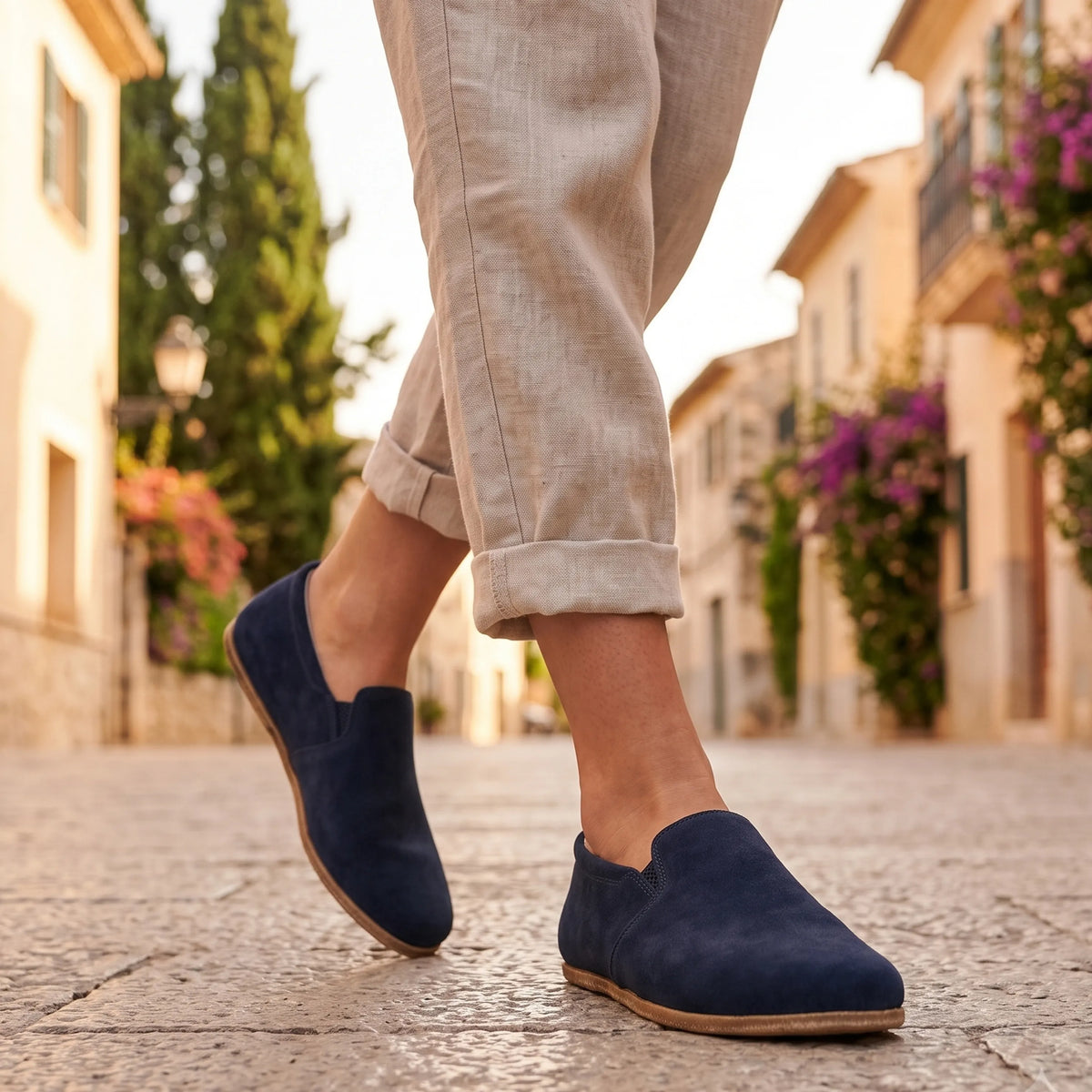Suede Barefoot Slip-On Shoes – Classic Sole — Leather Sole – Navy Blue