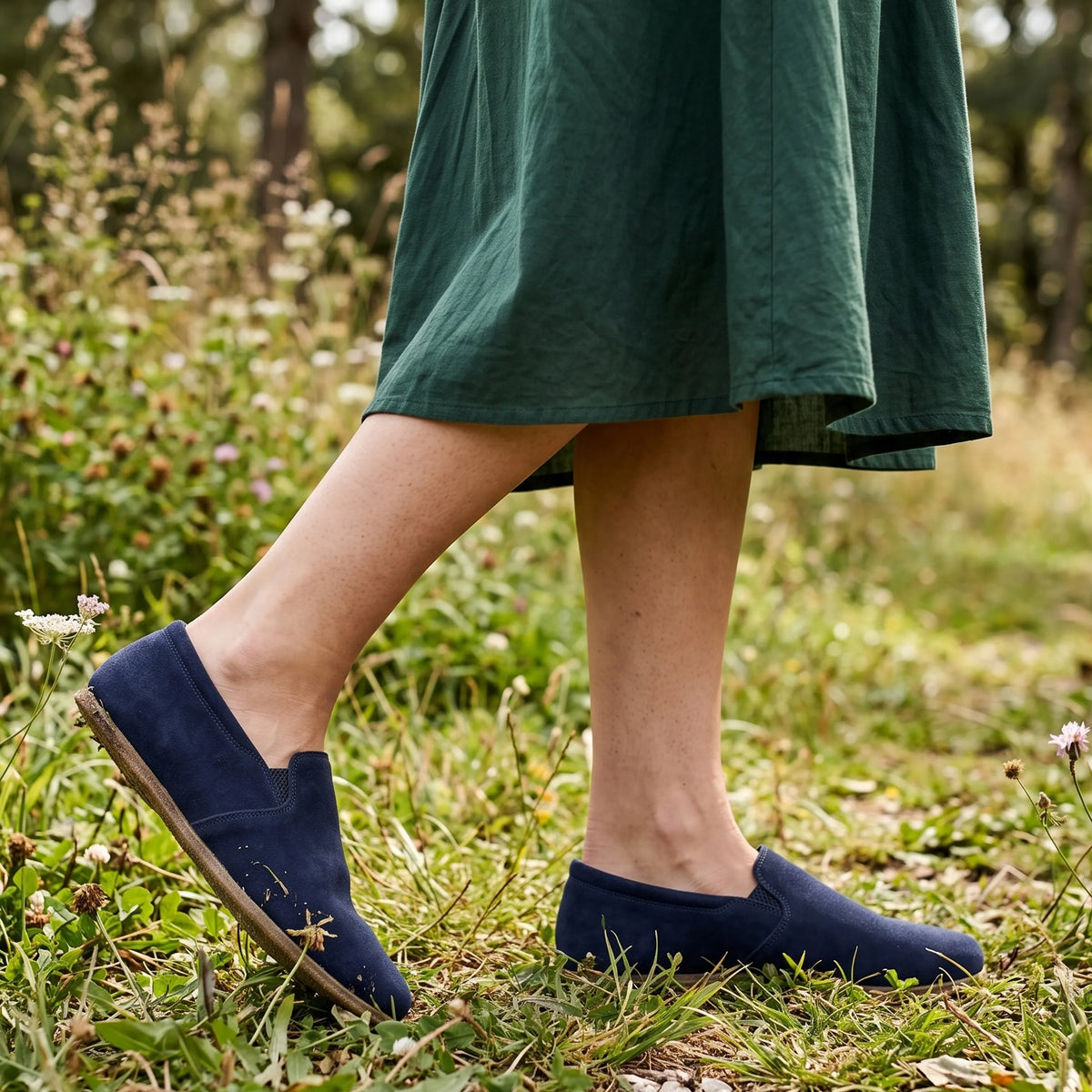 Suede Barefoot Slip-On Shoes – Classic Sole — Leather Sole – Navy Blue