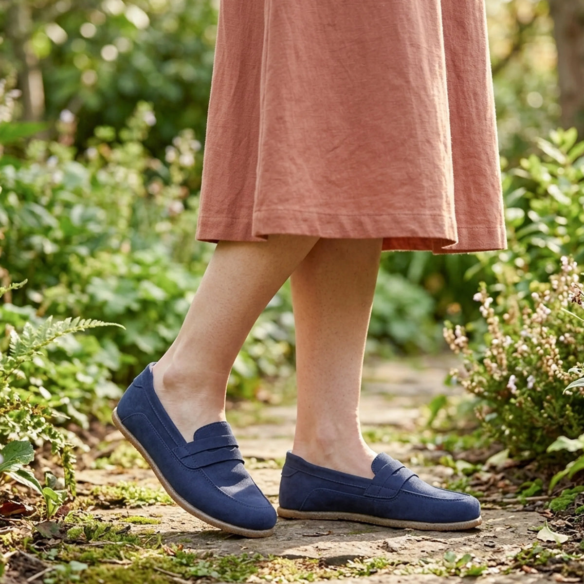 Suede Barefoot Penny Loafer Shoes – Classic Sole — Leather Sole – Navy Blue