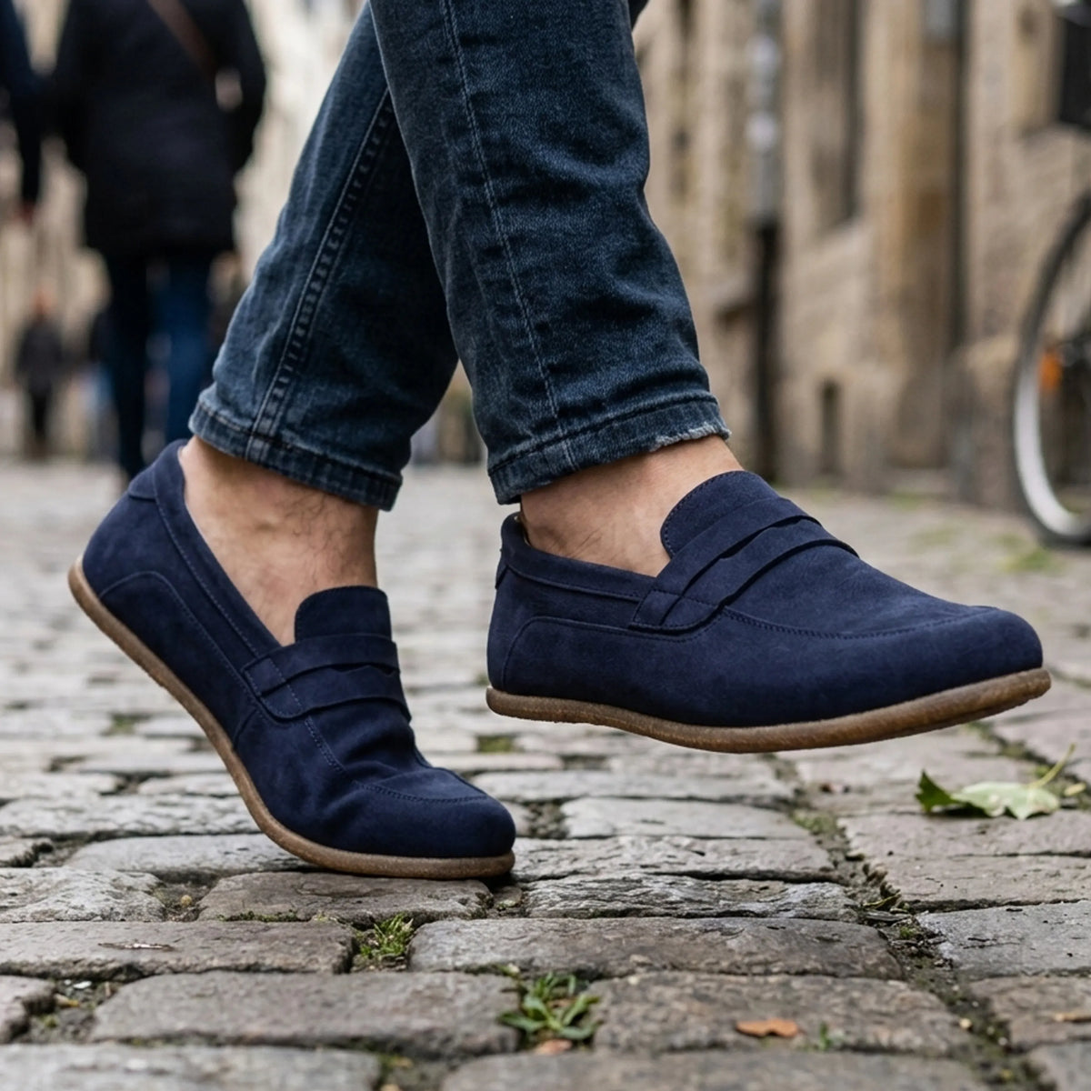 Suede Barefoot Penny Loafer Shoes – Classic Sole — Leather Sole – Navy Blue