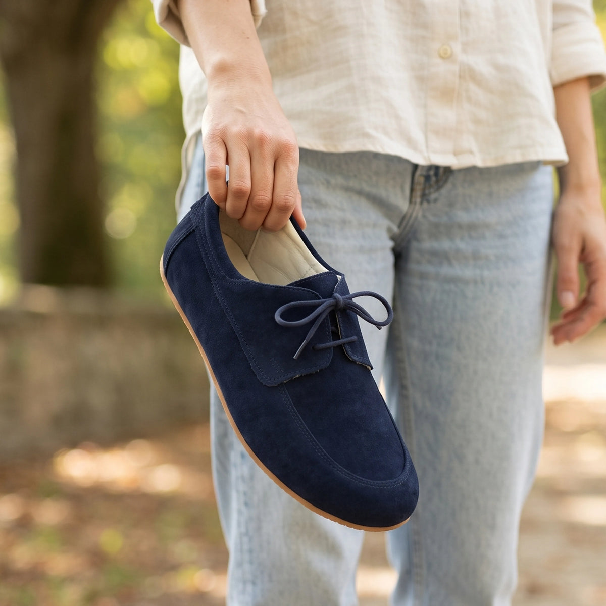 Suede Barefoot Laces Penny Loafer Shoes – Rubber Sole – Navy Blue