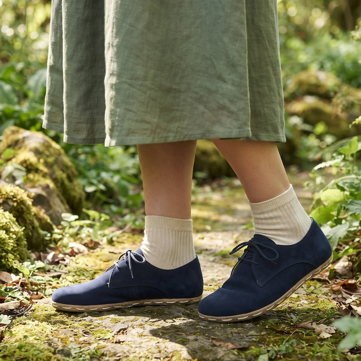Suede Barefoot Oxford Shoes — Leather Sole – Navy Blue
