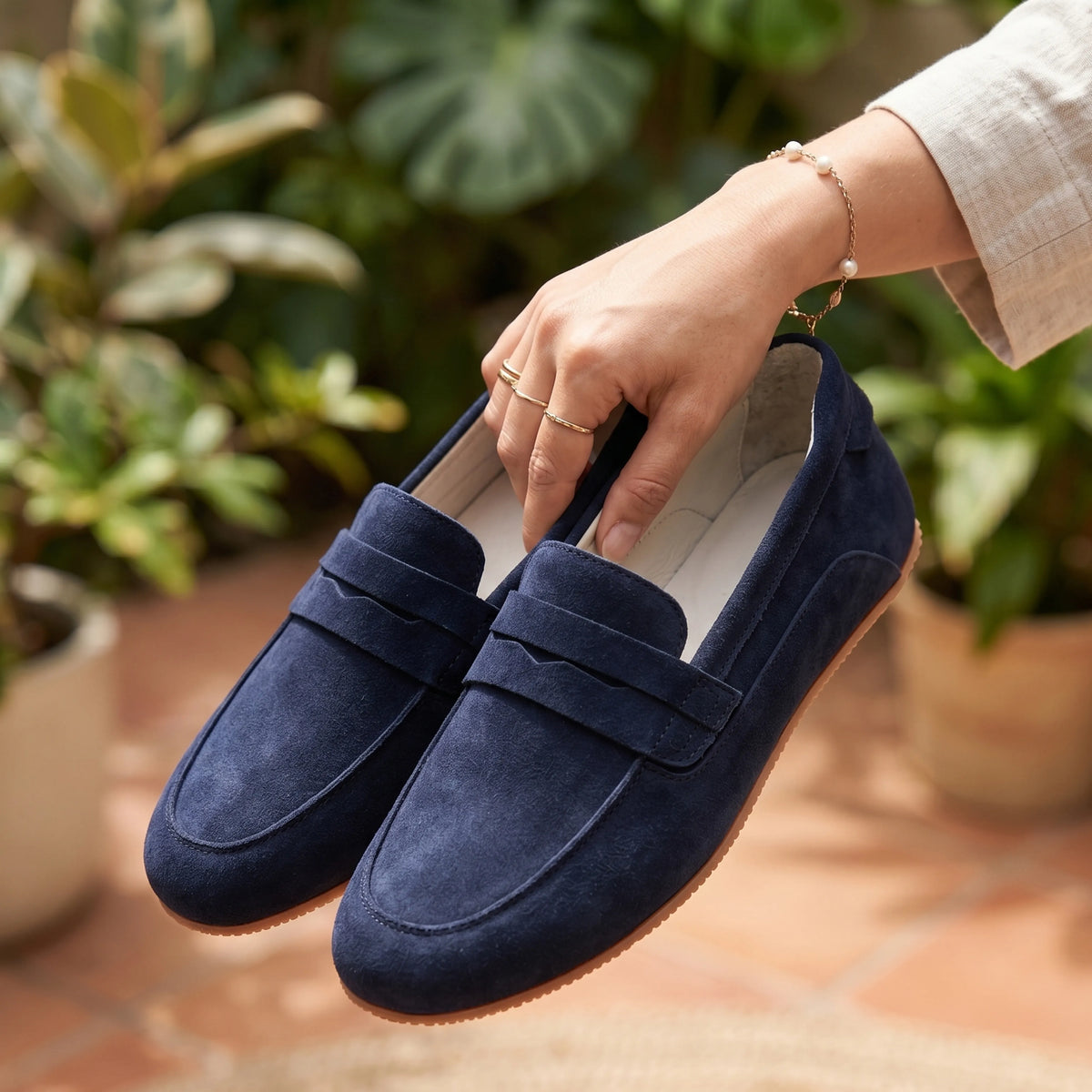 Suede Barefoot Penny Loafer Shoes – Rubber Sole – Navy Blue
