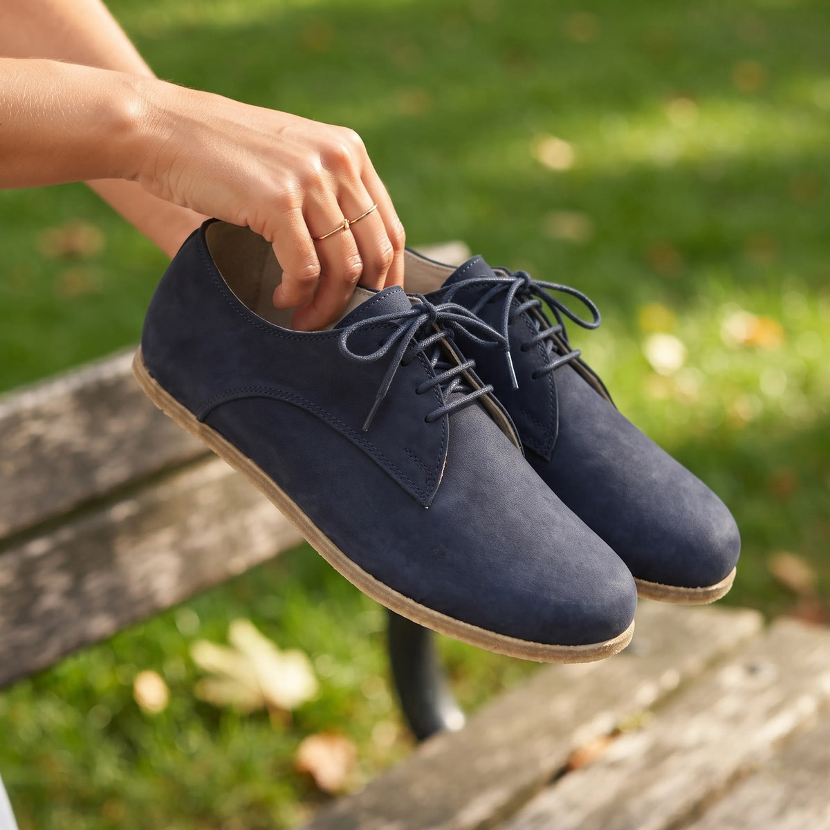 Nubuck Barefoot Oxford Shoes – Classic Sole — Leather Sole – Navy Blue