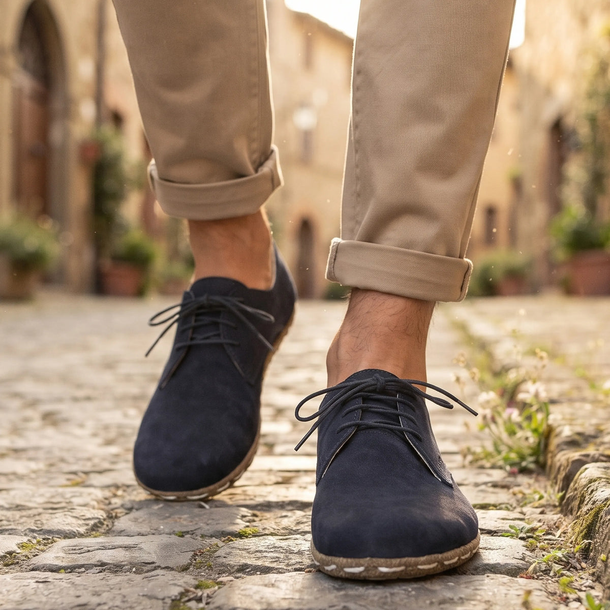 Nubuck Barefoot Oxford Shoes — Leather Sole – Navy Blue