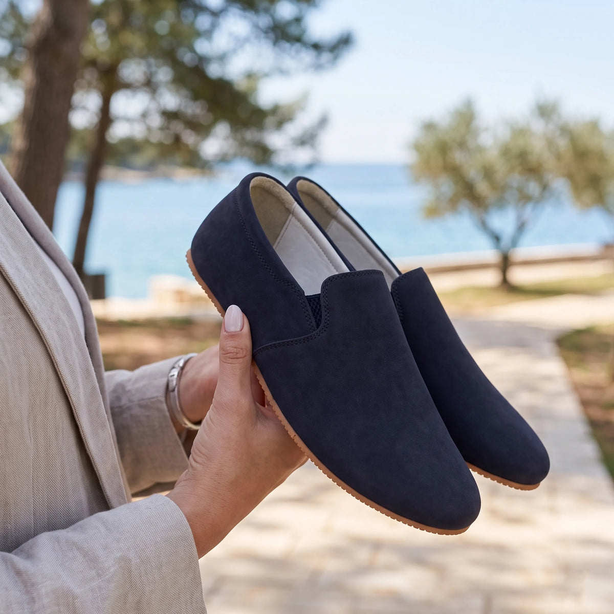 Nubuck Barefoot Slip-On Shoes – Rubber Sole – Navy Blue