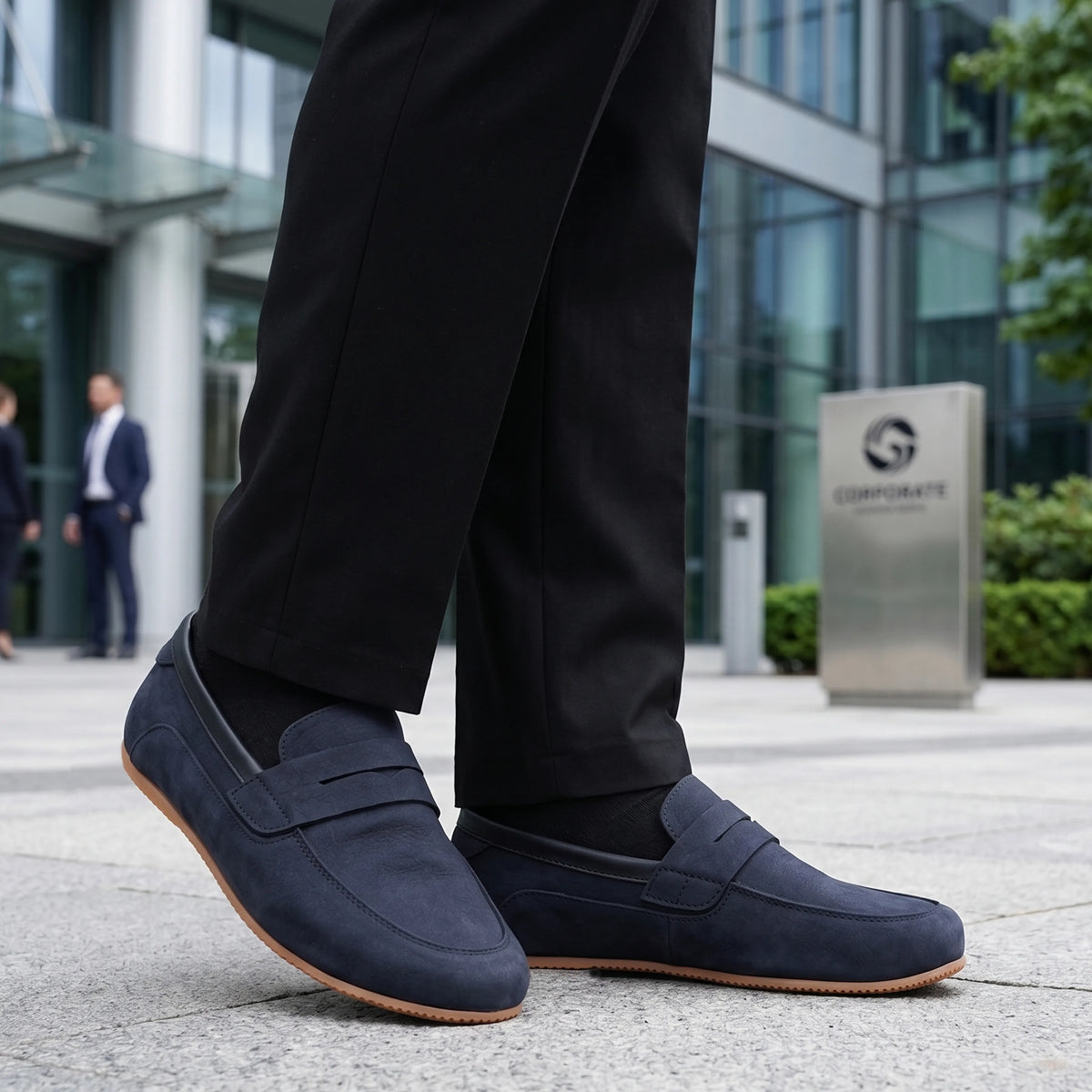 Nubuck Barefoot Penny Loafer Shoes – Rubber Sole – Navy Blue