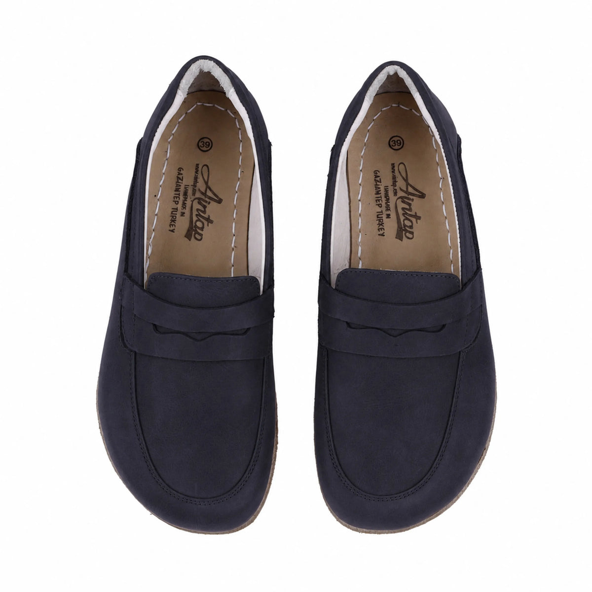 Nubuck Barefoot Penny Loafer Shoes – Classic Sole — Leather Sole – Navy Blue