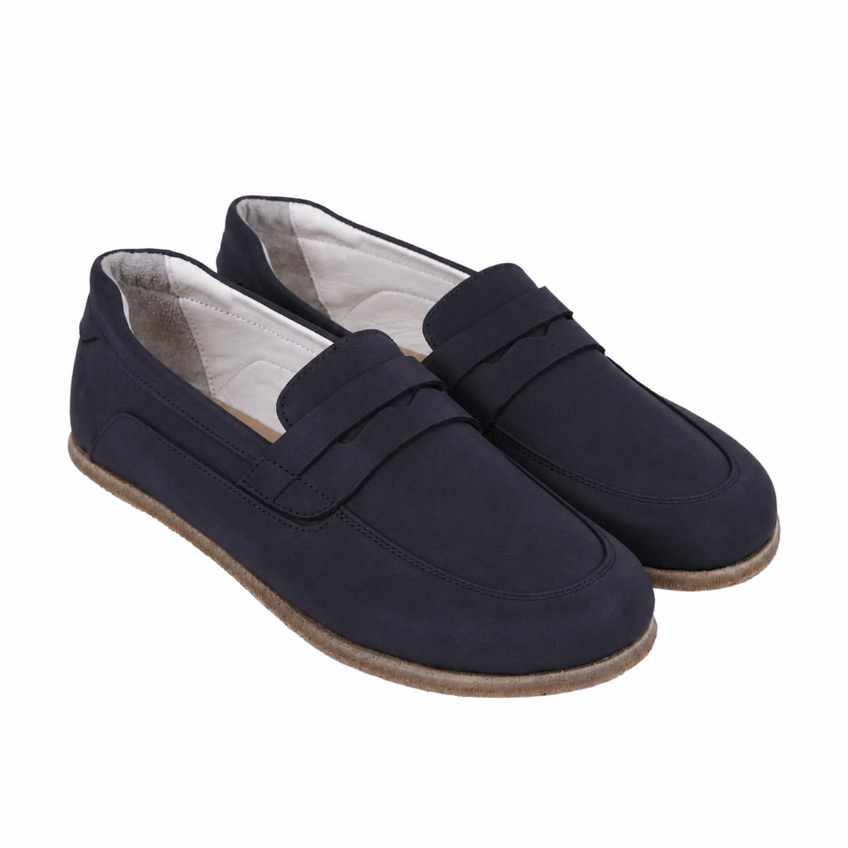 Nubuck Barefoot Penny Loafer Shoes – Classic Sole — Leather Sole – Navy Blue