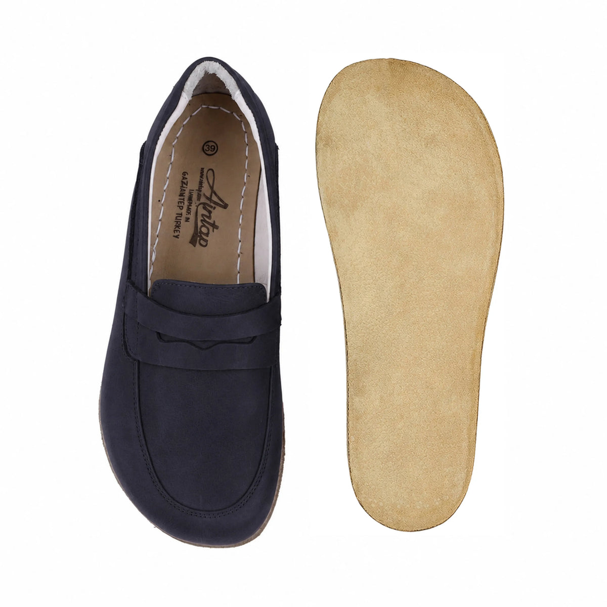 Nubuck Barefoot Penny Loafer Shoes – Classic Sole — Leather Sole – Navy Blue