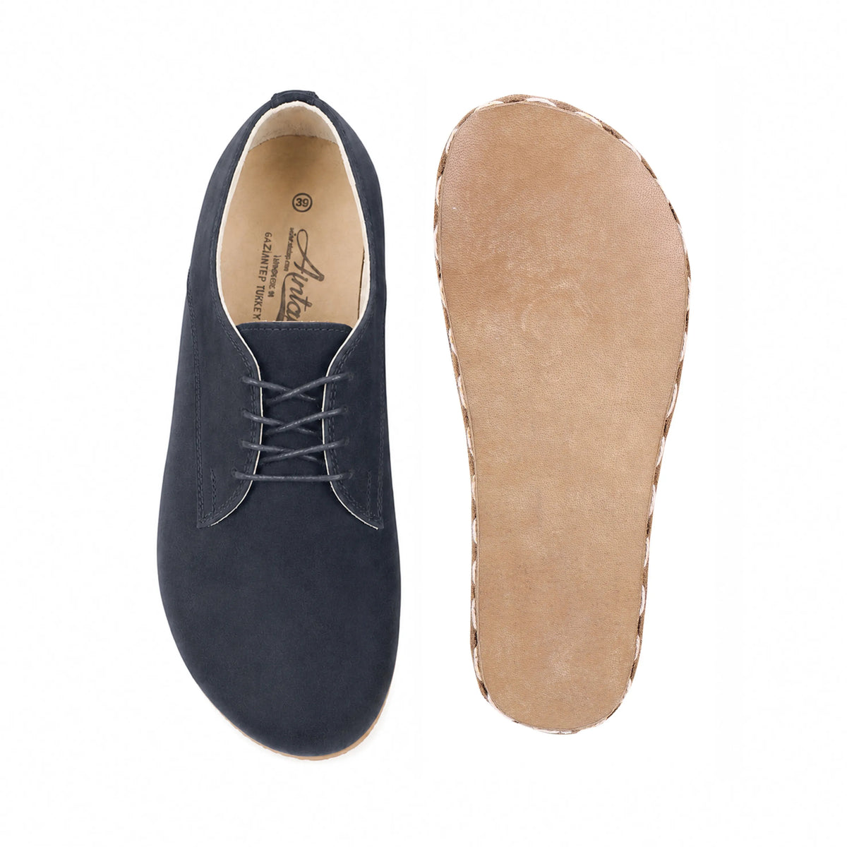 Nubuck Barefoot Oxford Shoes — Leather Sole – Navy Blue