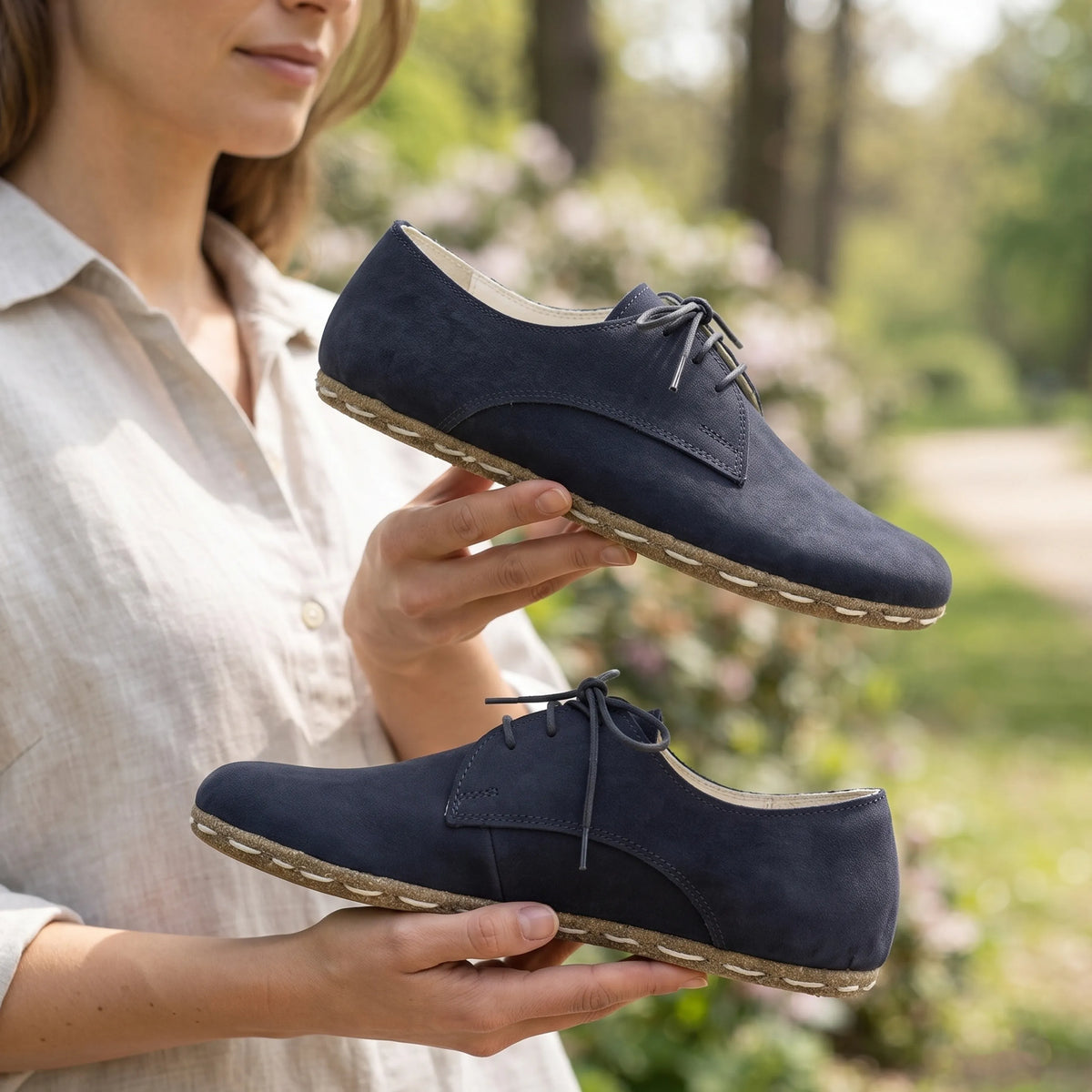 Nubuck Barefoot Oxford Shoes — Leather Sole – Navy Blue