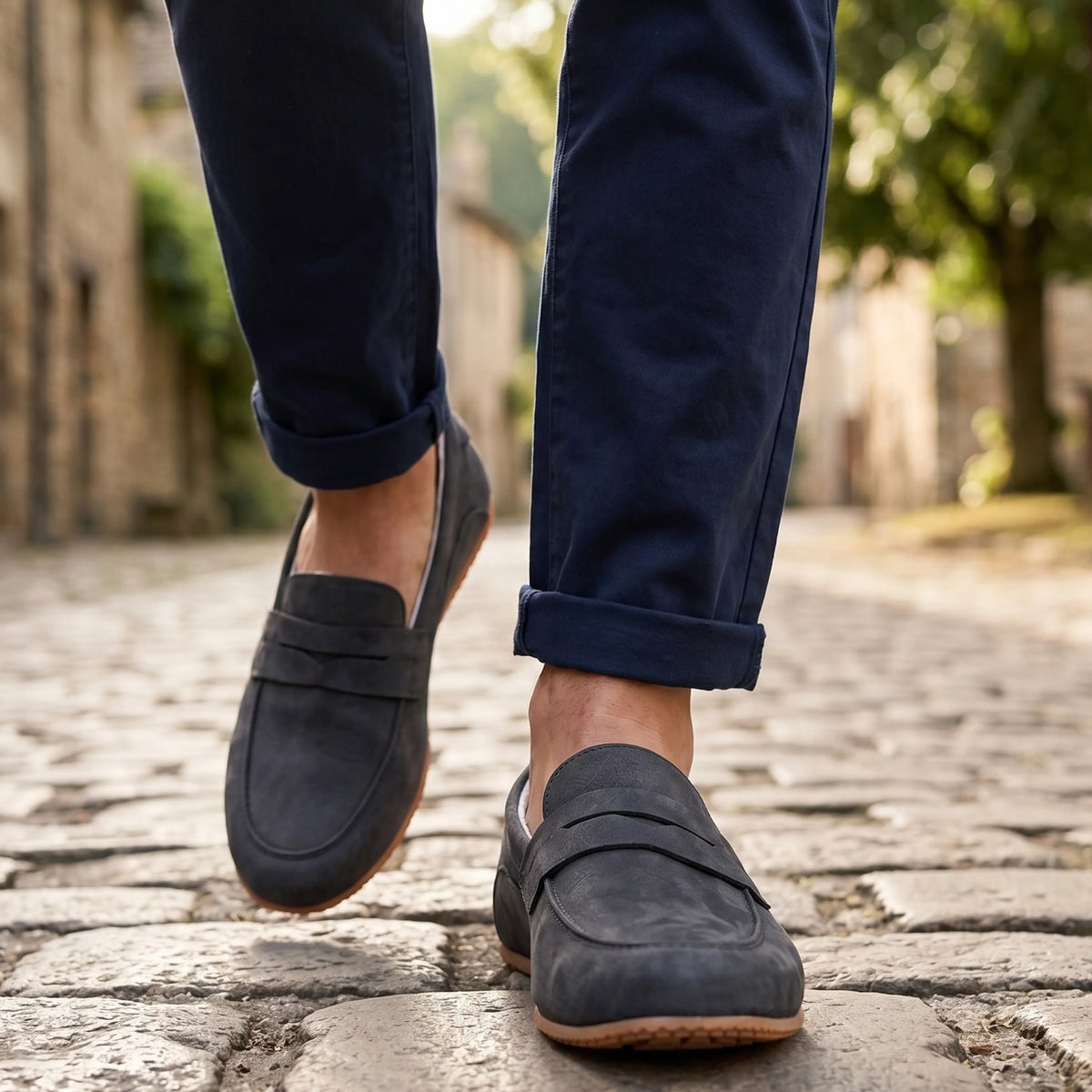 Nubuck Barefoot Penny Loafer Shoes – Rubber Sole – Navy Blue