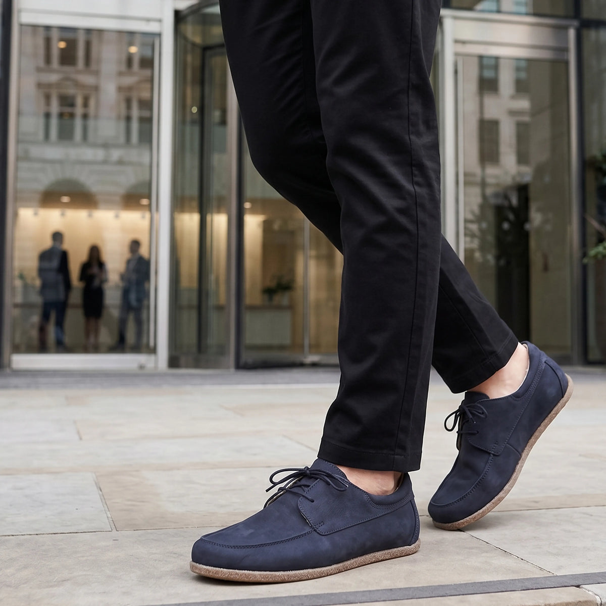 Nubuck Barefoot Laces Penny Loafer Shoes – Classic Sole — Leather Sole – Navy Blue