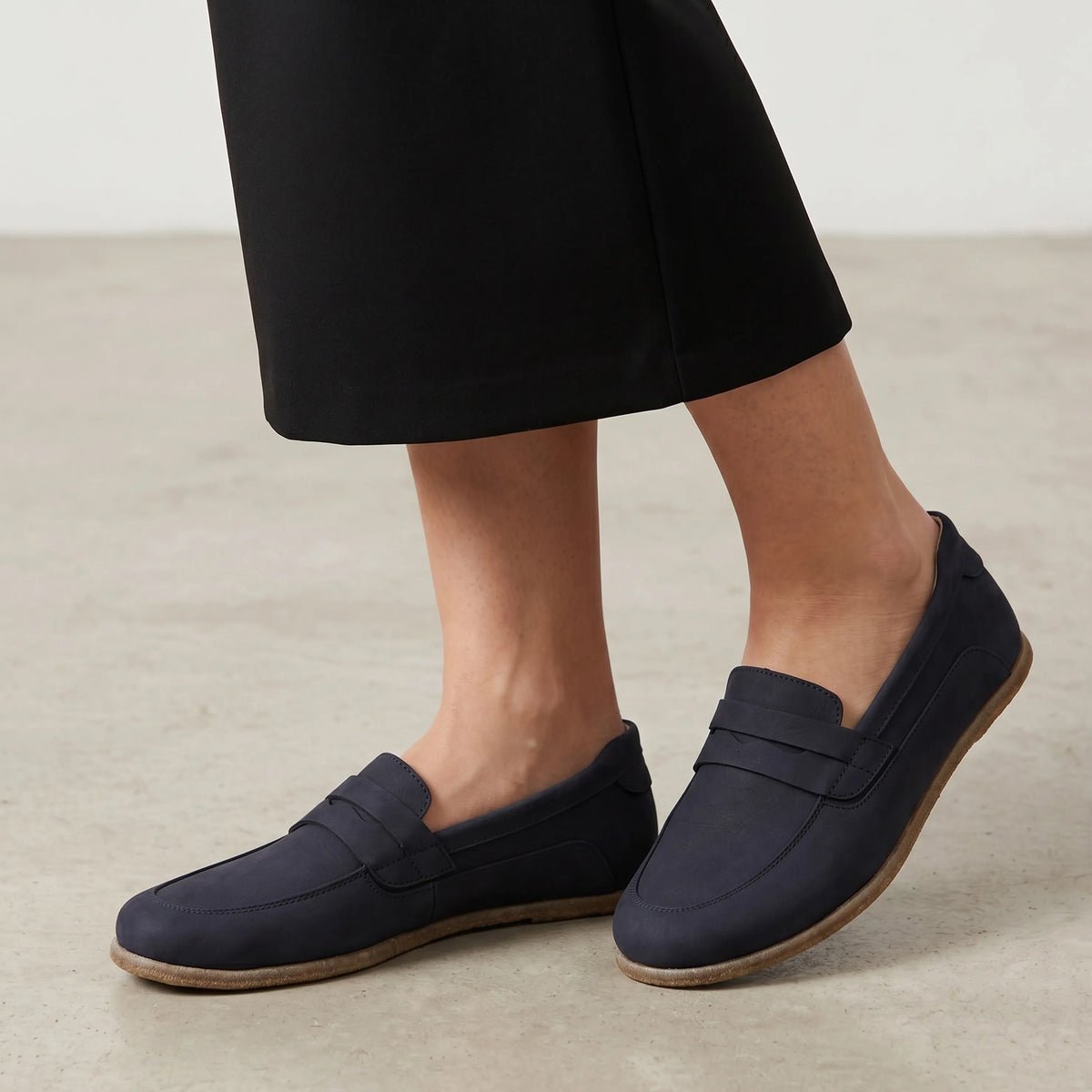 Nubuck Barefoot Penny Loafer Shoes – Classic Sole — Leather Sole – Navy Blue