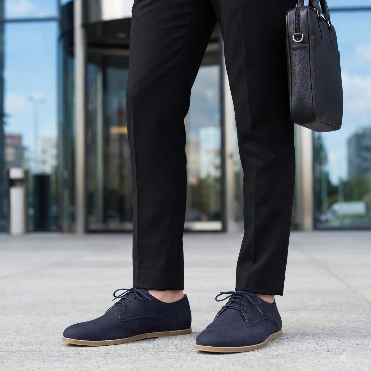 Nubuck Barefoot Oxford Shoes – Classic Sole — Leather Sole – Navy Blue