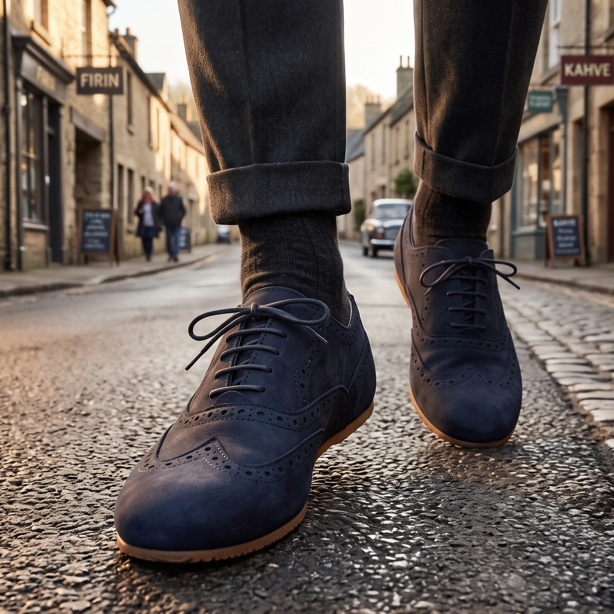 Nubuck Barefoot Moccasin Shoes – Rubber Sole – Navy Blue
