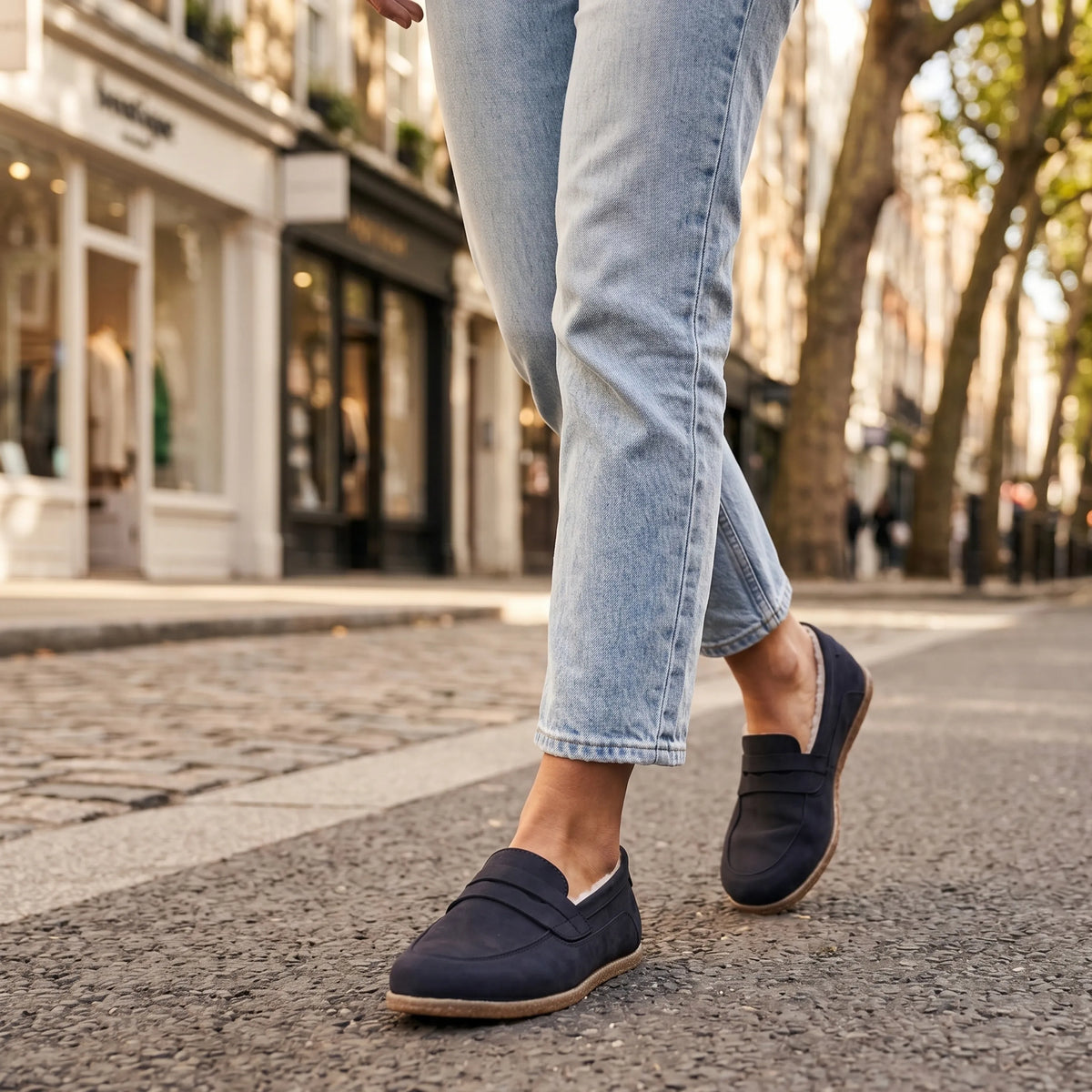 Nubuck Barefoot Penny Loafer Shoes – Classic Sole — Leather Sole – Navy Blue