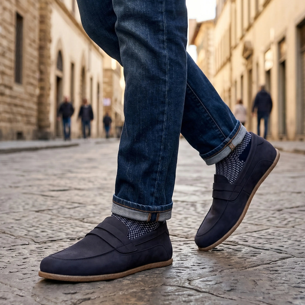 Nubuck Barefoot Penny Loafer Shoes – Classic Sole — Leather Sole – Navy Blue