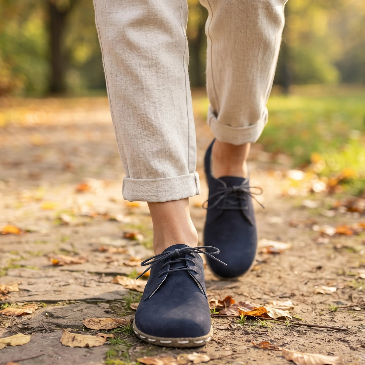 Nubuck Barefoot Oxford Shoes — Leather Sole – Navy Blue