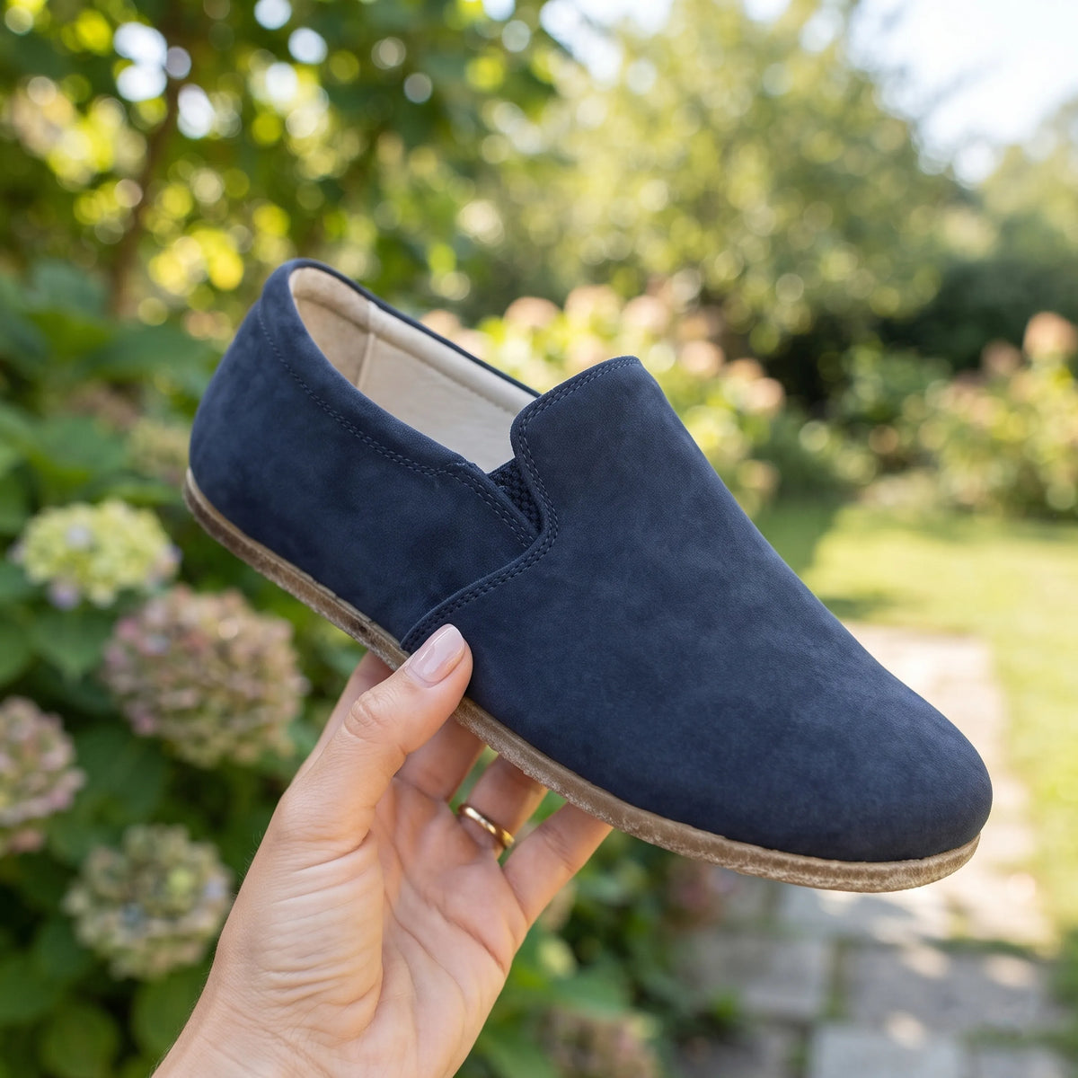 Nubuck Barefoot Slip-On Shoes – Classic Sole — Leather Sole – Navy Blue