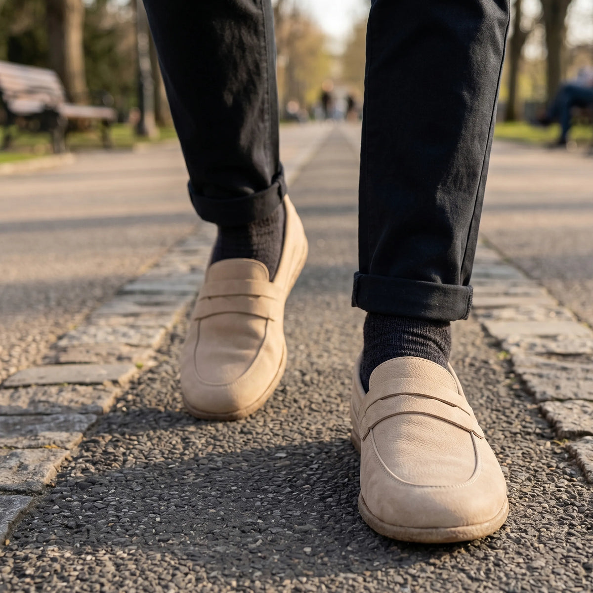 Nubuck Barefoot Penny Loafer Shoes – Classic Sole — Leather Sole – Cream