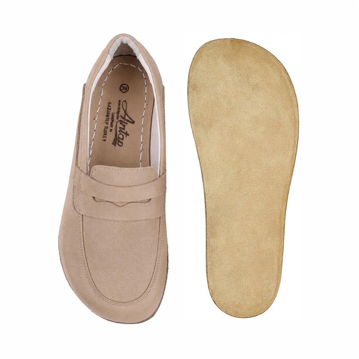 Nubuck Barefoot Penny Loafer Shoes – Classic Sole — Leather Sole – Cream