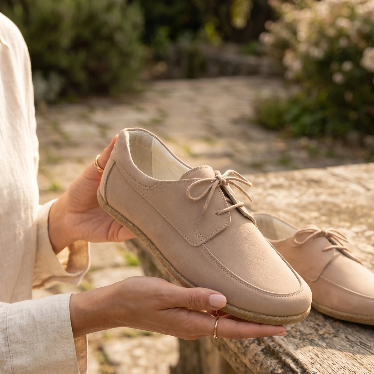 Nubuck Barefoot Laces Penny Loafer Shoes – Classic Sole — Leather Sole – Cream