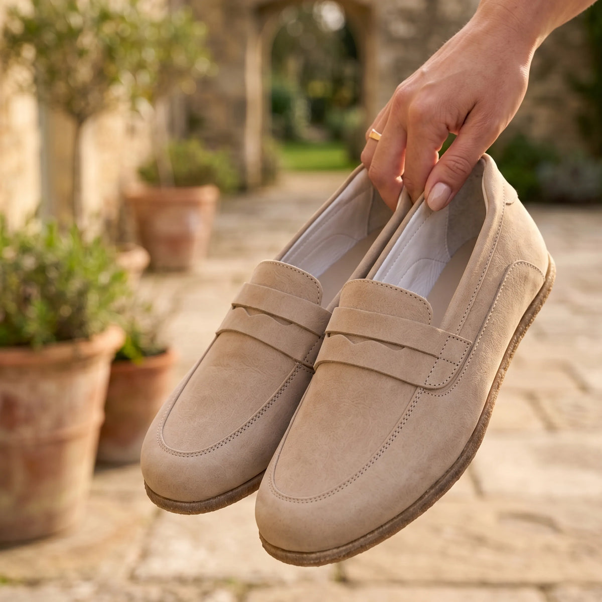Nubuck Barefoot Penny Loafer Shoes – Classic Sole — Leather Sole – Cream