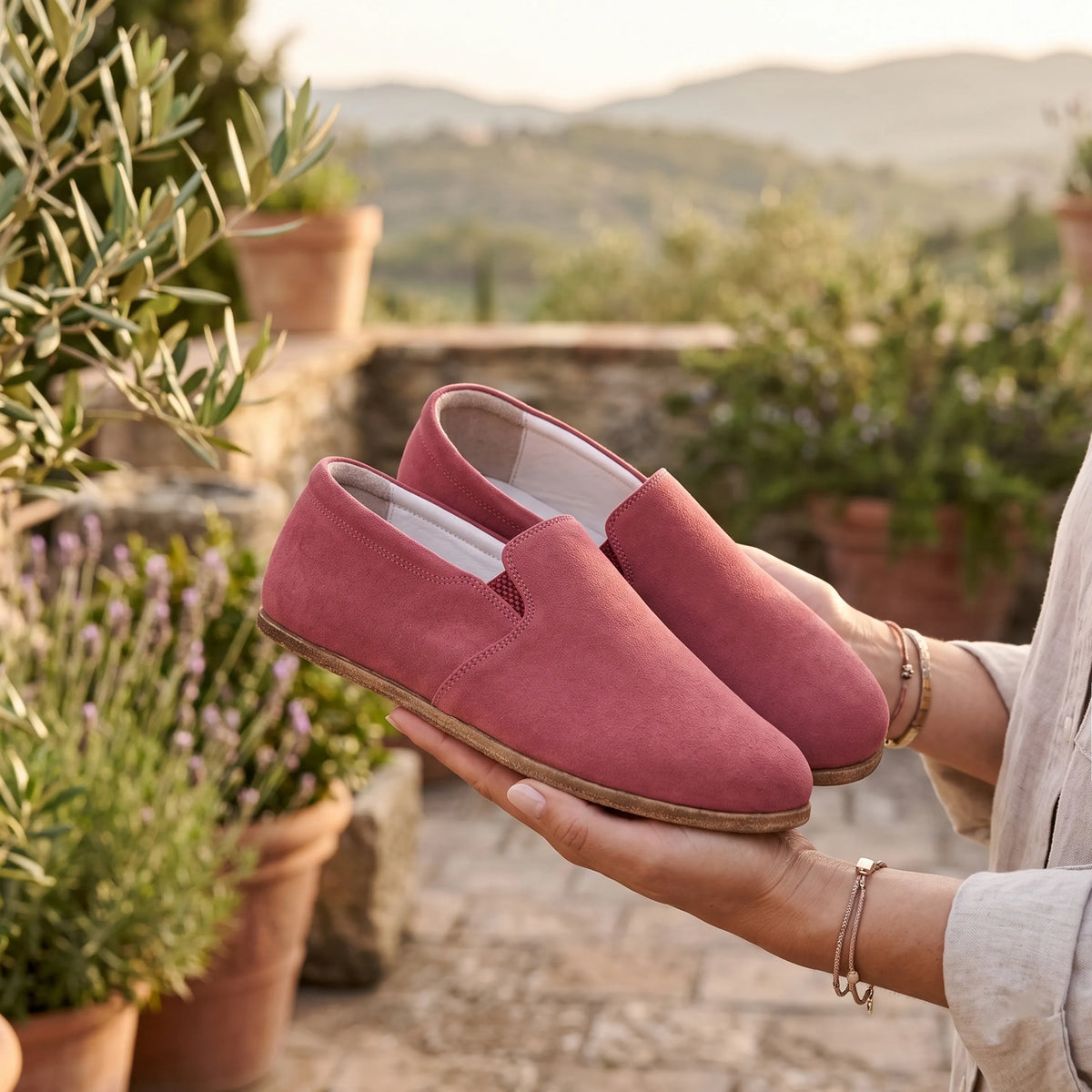 Suede Barefoot Slip-On Shoes – Classic Sole — Leather Sole – Candy Pink