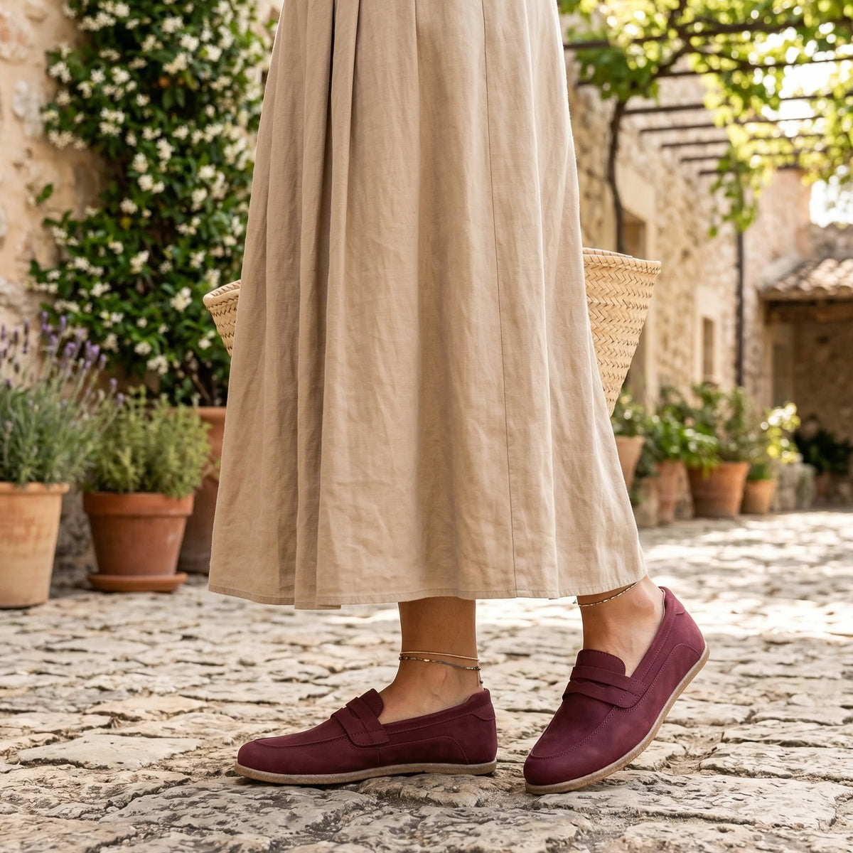 Nubuck Barefoot Penny Loafer Shoes – Classic Sole — Leather Sole – Burgundy