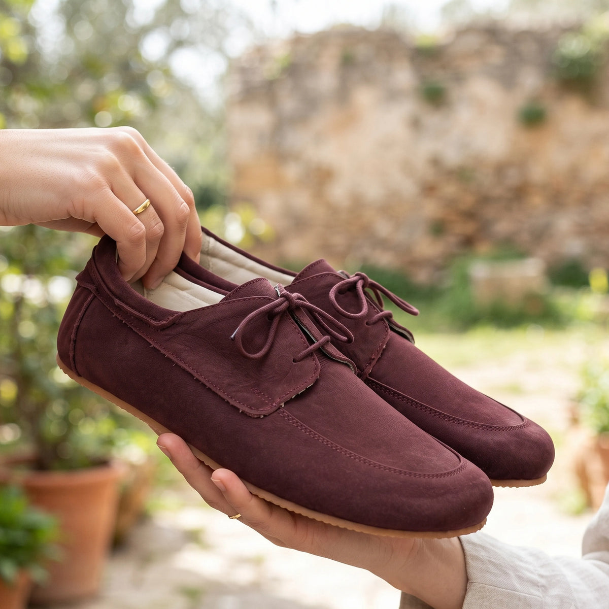 Nubuck Barefoot Laces Penny Loafer Shoes – Rubber Sole – Burgundy