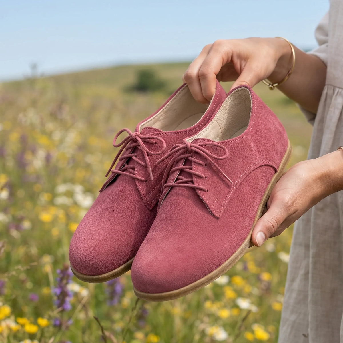 Suede Barefoot Oxford Shoes – Classic Sole — Leather Sole – Candy Pink