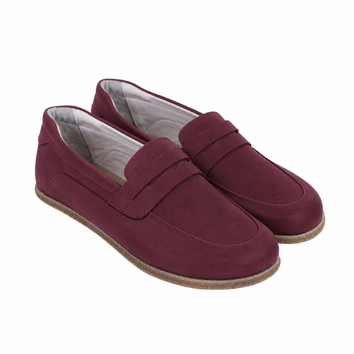 Nubuck Barefoot Penny Loafer Shoes – Classic Sole — Leather Sole – Burgundy