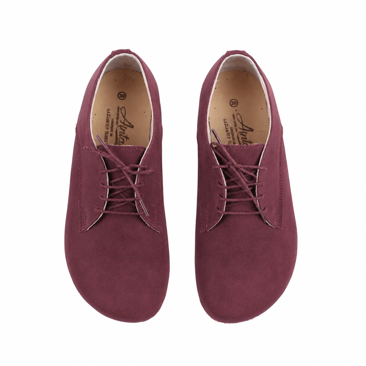 Nubuck Barefoot Oxford Shoes – Classic Sole — Leather Sole – Burgundy