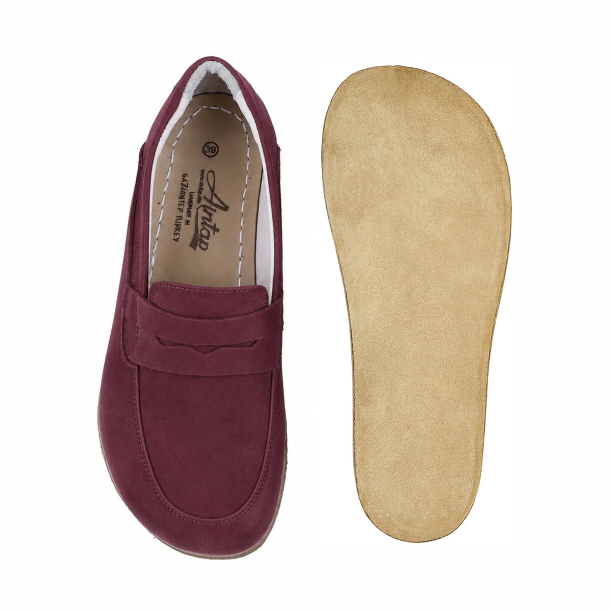 Nubuck Barefoot Penny Loafer Shoes – Classic Sole — Leather Sole – Burgundy