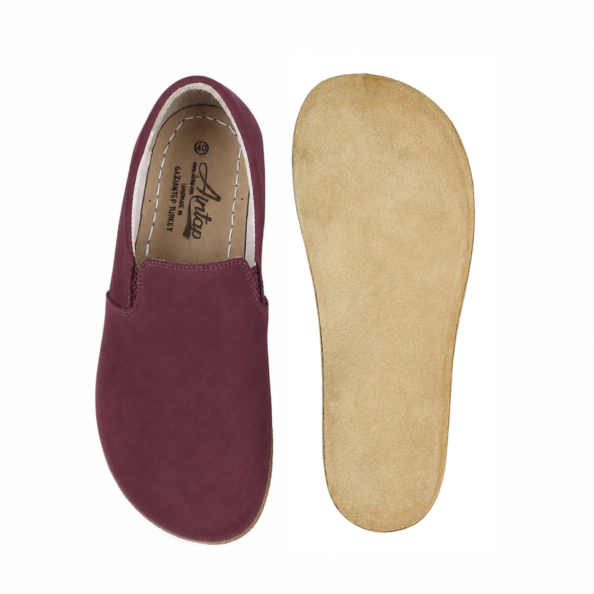 Nubuck Barefoot Slip-On Shoes – Classic Sole — Leather Sole – Burgundy