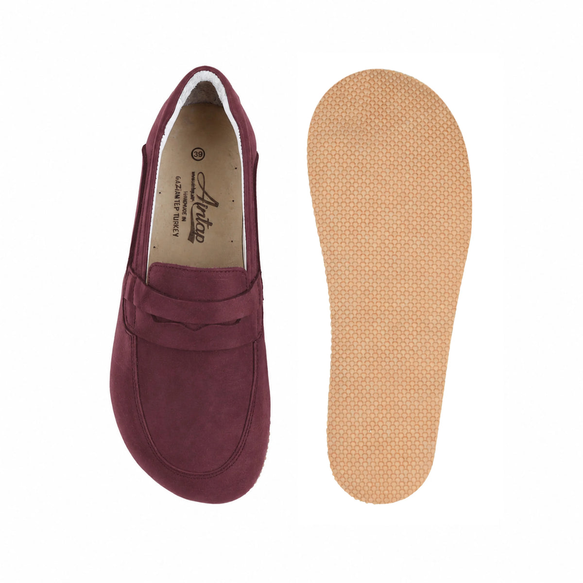 Nubuck Barefoot Penny Loafer Shoes – Rubber Sole – Burgundy